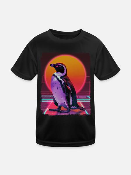 Retro 80s Pink Neon Cool Penguin Animal Summer Sun - Kids Functional T-Shirt - black - Front