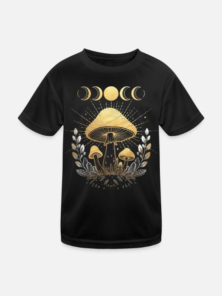Mushroom Fungi Flower Floral Full Moon Half Moon - Kids Functional T-Shirt - black - Front