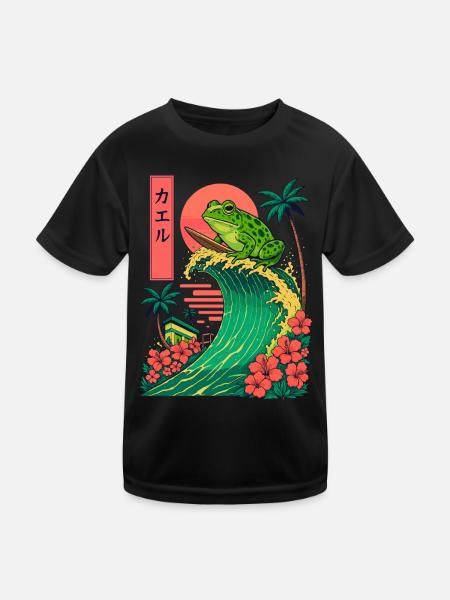 grenouille crapaud animal japonais surf fleur coucher de soleil - T-shirt sport Enfant - noir - Devant