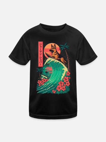 German Shepherd Dog Animal Japanese Surfing Flower - Kids Functional T-Shirt - black - Front