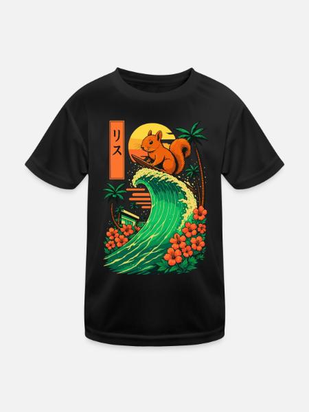 Squirrel Rodent Animal Japanese Surfing Flower - Kids Functional T-Shirt - black - Front