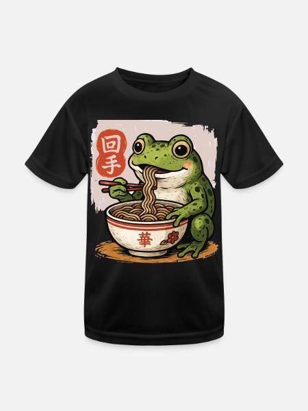 Cartoon Frog Eating Ramen Bowl Asian Food - Kids Functional T-Shirt - black - Front