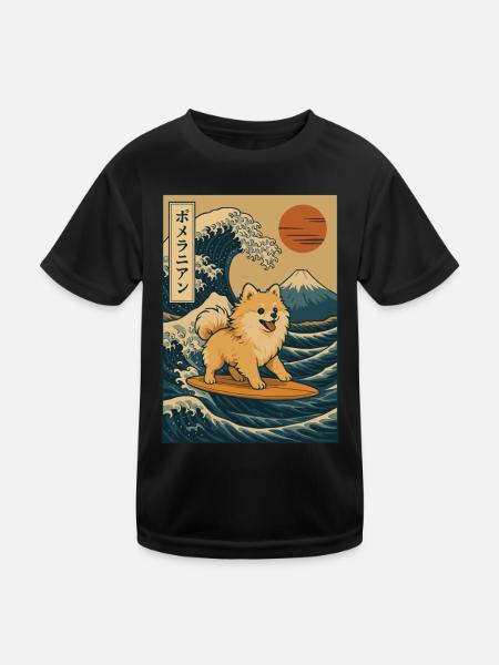 Chien de Poméranie Amoureux Surf Grande Vague Mont Fuji - T-shirt sport Enfant - noir - Devant