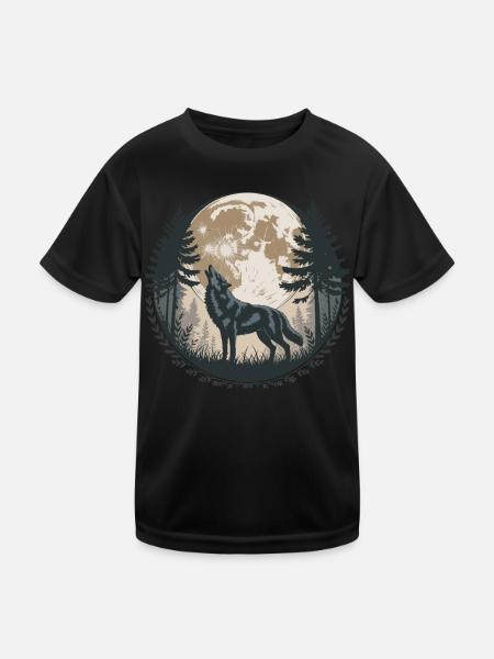 Heulender Wolf Vollmond Wald Silhouette Bäume - Kinder Funktions-T-Shirt - Schwarz - Vorne