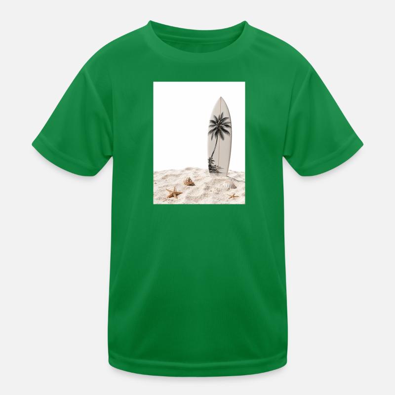 Surfbrett im Sand Kinder Funktions-T-Shirt