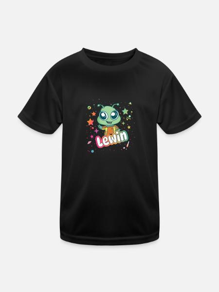 LEWIN - Schöner Junge Name mit süßem Alien - Kinder Funktions-T-Shirt - Schwarz - Vorne