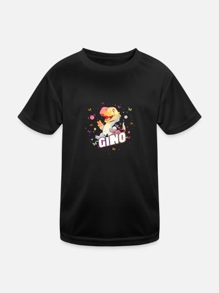 GINO - Schöner Junge Name mit süßem DINO T-REX - Kinder Funktions-T-Shirt - Schwarz - Vorne