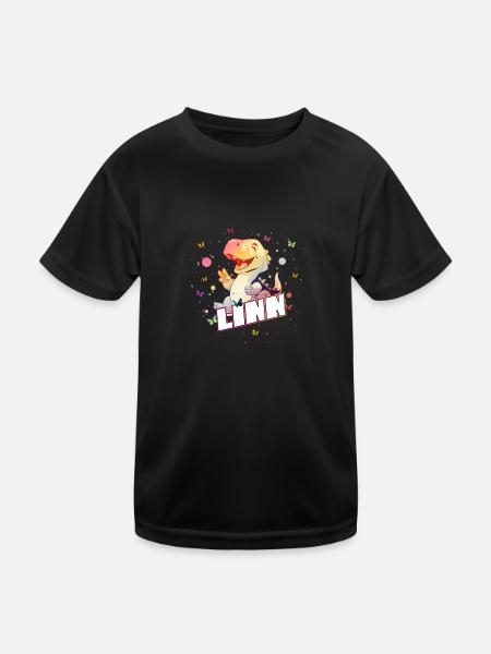 LINN - Schöner MÄDCHEN Name mit süßem DINO T-REX - Kinder Funktions-T-Shirt - Schwarz - Vorne