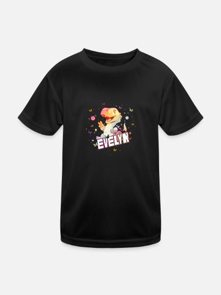 EVELYN - Schöner MÄDCHEN Name mit süßem DINO T-REX - Kinder Funktions-T-Shirt - Schwarz - Vorne