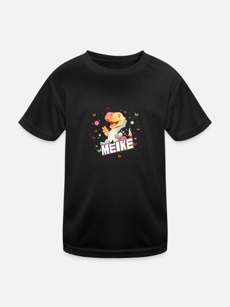 MEIKE - Schöner MÄDCHEN Name mit süßem DINO T-REX - Kinder Funktions-T-Shirt - Schwarz - Vorne