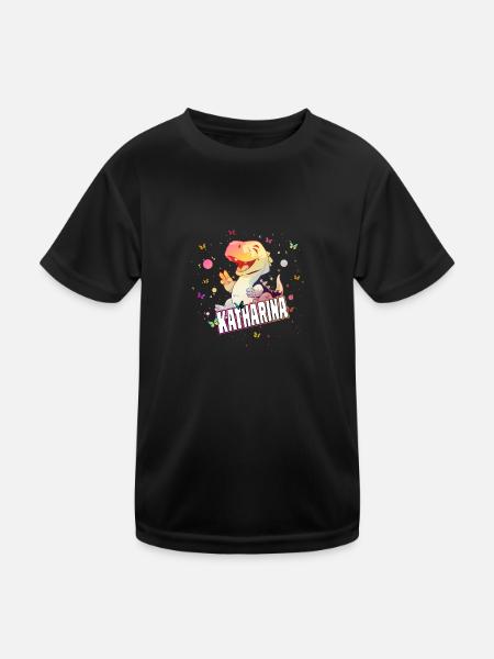 KATHARINA - Beautiful GIRL name with cute DINO - Kids Functional T-Shirt - black - Front