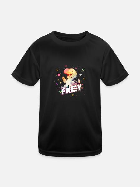 FREY - Beautiful boy name with cute DINO T-REX - Kids Functional T-Shirt - black - Front