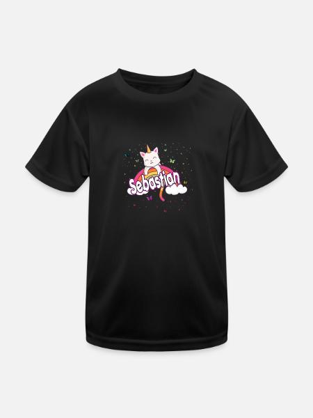 SEBASTIAN - Beau prénom GARÇON avec CATICORNE douce - T-shirt sport Enfant - noir - Devant