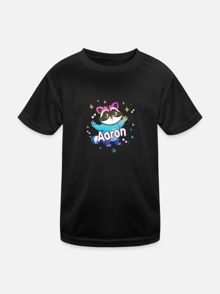 AARON - Beautiful boy name with cute raccoon - Kids Functional T-Shirt - black - Front