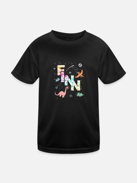 FINN - Beau prénom de garçon avec dinosaure - T-shirt sport Enfant - noir - Devant