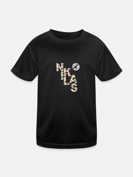 NIKLAS - Schöner Jungen Name mit Dinosaurier - Kinder Funktions-T-Shirt - Schwarz - Vorne