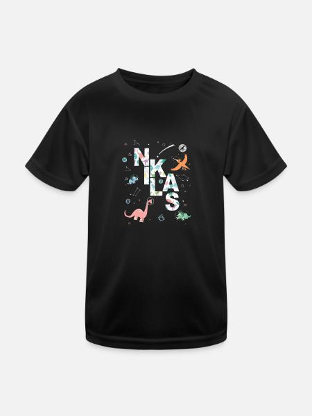 NIKLAS - Schöner Jungen Name mit Dinosaurier - Kinder Funktions-T-Shirt - Schwarz - Vorne