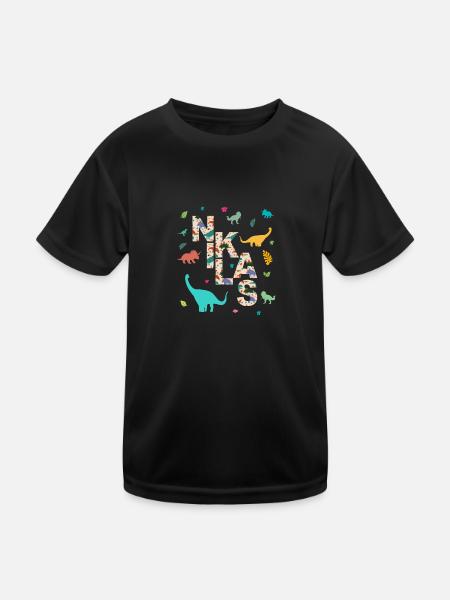 NIKLAS - Schöner Jungen Name mit Dinosaurier - Kinder Funktions-T-Shirt - Schwarz - Vorne