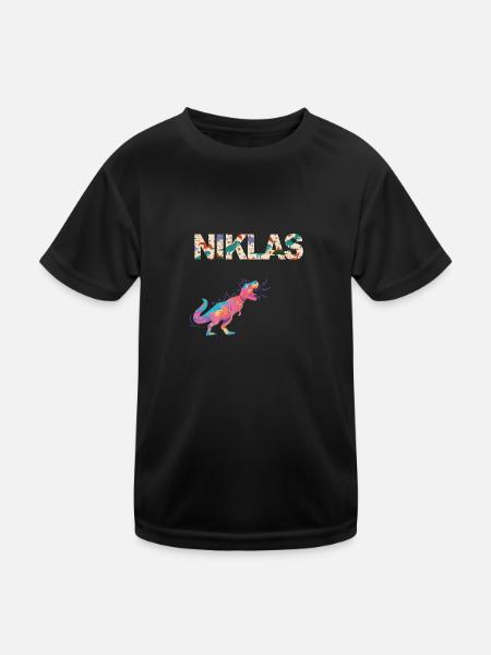 NIKLAS - Schöner Jungen Name mit Dinosaurier - Kinder Funktions-T-Shirt - Schwarz - Vorne