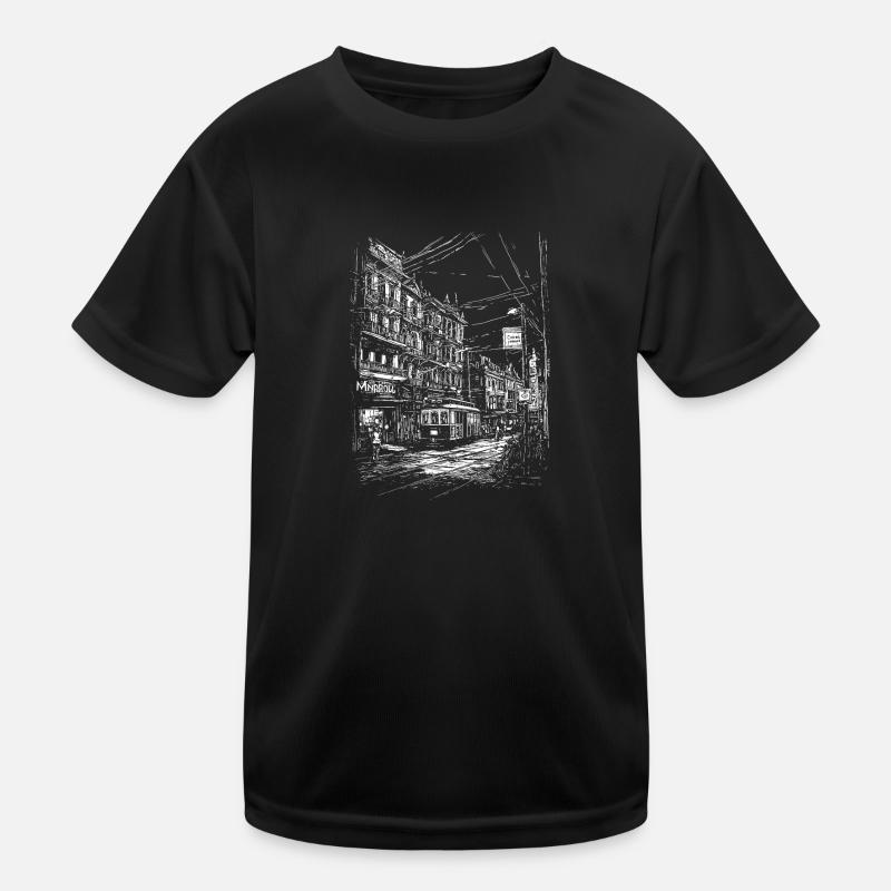 Stadtbild Relief mit Straßenbahn und Strommasten Kinder Funktions-T-Shirt