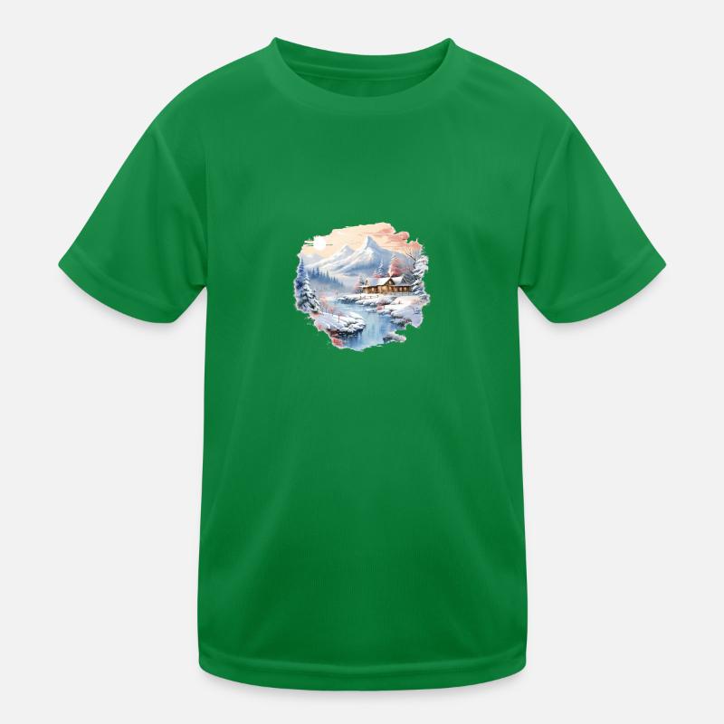 Wintertag mit Schnee Berge Eis Flüsse Mit Haus Kinder Funktions-T-Shirt