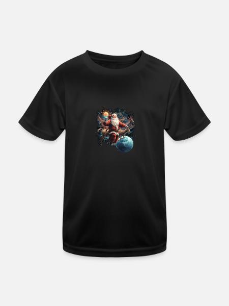 Santa flies through the universe with deer - Kids Functional T-Shirt - black - Front