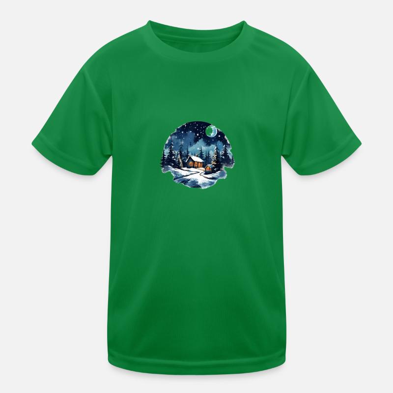 Nuit de Noël avec neige de cabane dans la forêt et la lune T-shirt sport Enfant