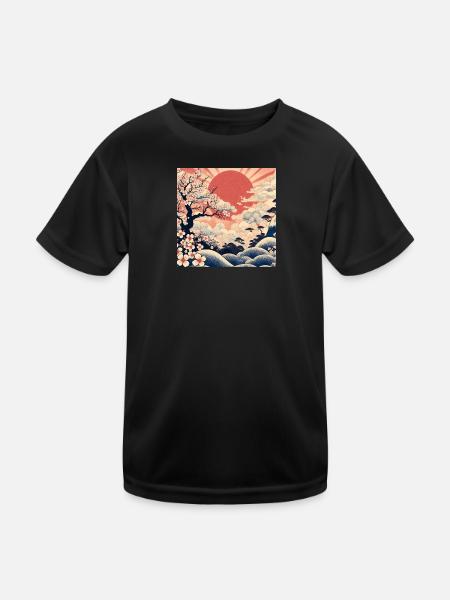 Sonnenaufgang Ukiyo-e-Stil - Kinder Funktions-T-Shirt - Schwarz - Vorne