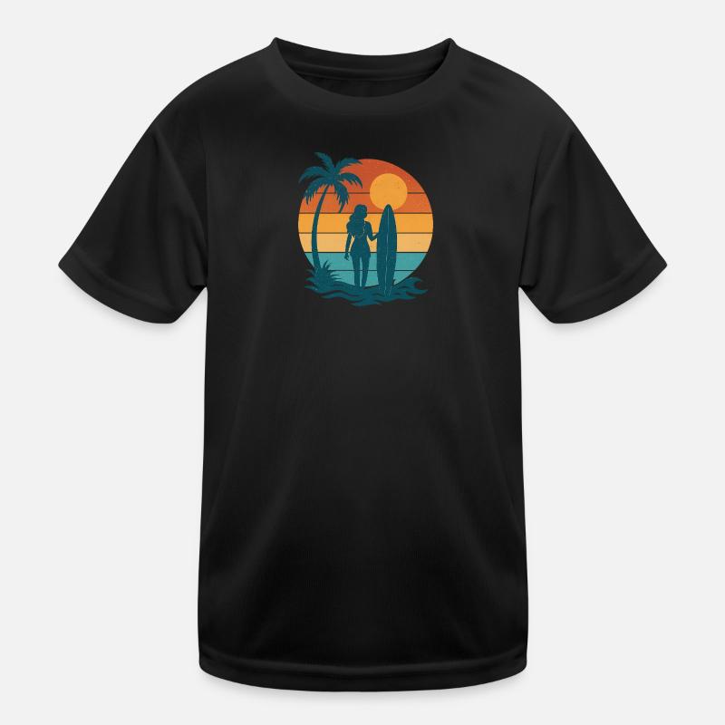 Sunset on the beach with surfer Kids Functional T-Shirt
