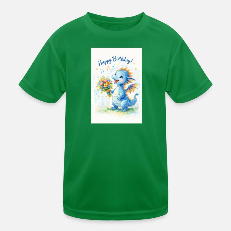 Blauer Drache mit Blumenstrauß Kinder Funktions-T-Shirt