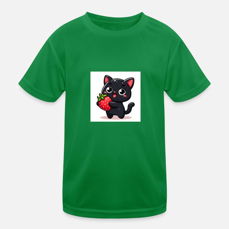 Sweet Kitty Schwarz mit Erdbeere und grossen Augen Kinder Funktions-T-Shirt