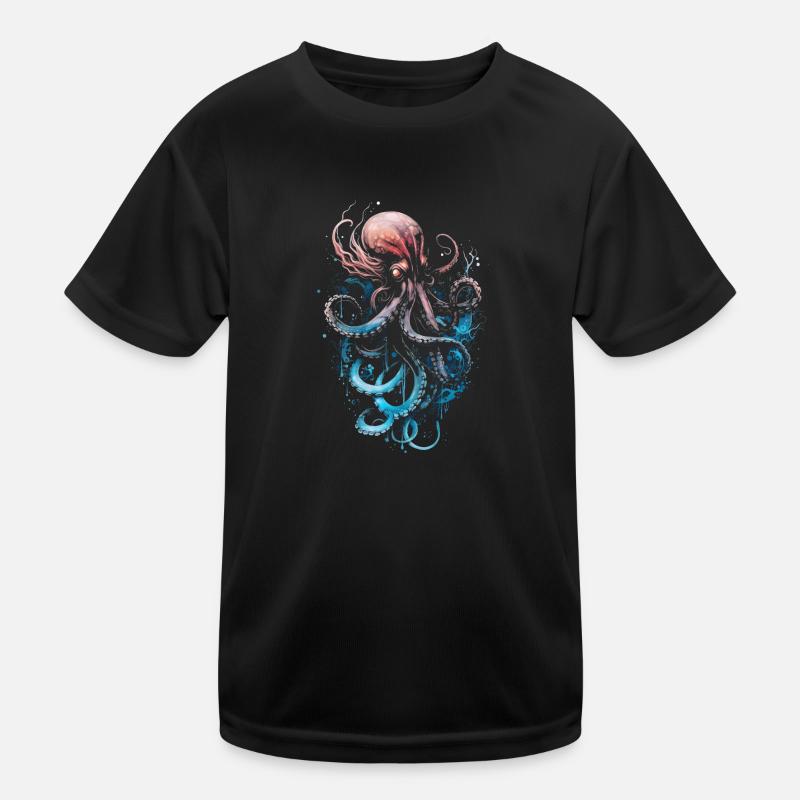 Pink blue octopus on a black background Kids Functional T-Shirt