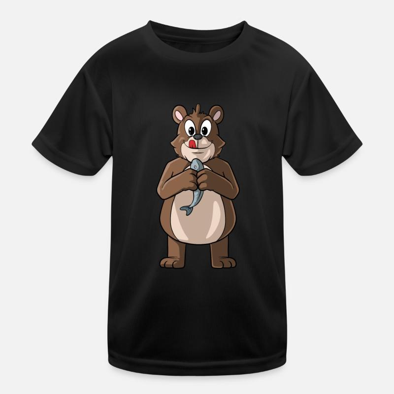 Cute bear holding a fish - Kids Functional T-Shirt - black