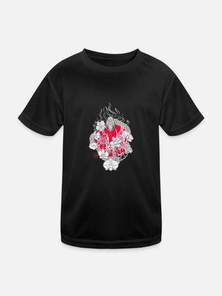 Japanische Schlange und Orchideen in den Flammen - Kinder Funktions-T-Shirt - Schwarz - Vorne