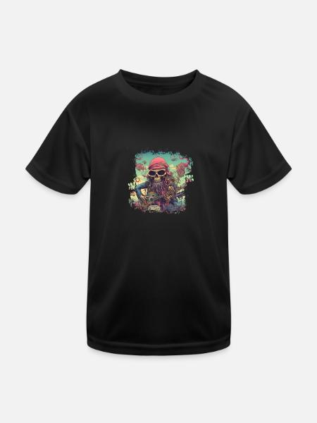 Psychedelic hippie skeleton with guitar - Kids Functional T-Shirt - black - Front