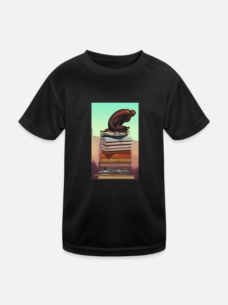 Comic Cartoon grusseliger Bücherwurm Bücherstapel - Kinder Funktions-T-Shirt - Schwarz - Vorne