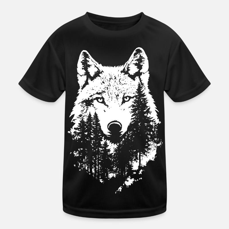Wolf Gesicht Wald Silhouette - Kinder Funktions-T-Shirt - Schwarz