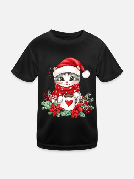 Katze Kaffee Weihnachten Deko Frauen Männer Kinder - Kinder Funktions-T-Shirt - Schwarz