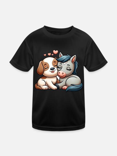 Cuddling Dog And Horse In Love - Kinder Funktions-T-Shirt - Schwarz