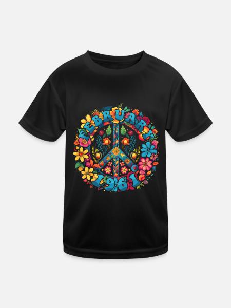 Flower Power Hippie Birthday - February 1961 - Kids Functional T-Shirt - black - Front