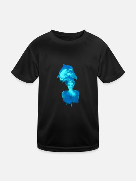 delfin, harmonie, woman, watercolor, painting, fish - Kids Functional T-Shirt - black - Front