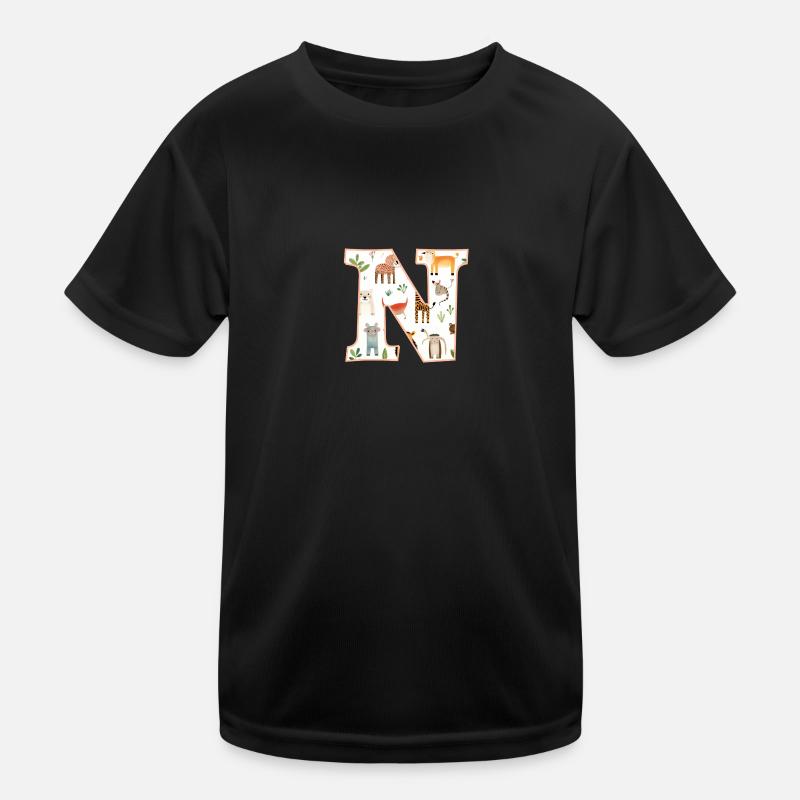 Letter N, Monogram, Animal Pattern - Kids Functional T-Shirt - black
