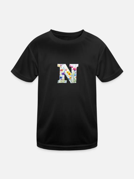 Lettre N, Monogramme, Motif Floral - T-shirt sport Enfant - noir - Devant
