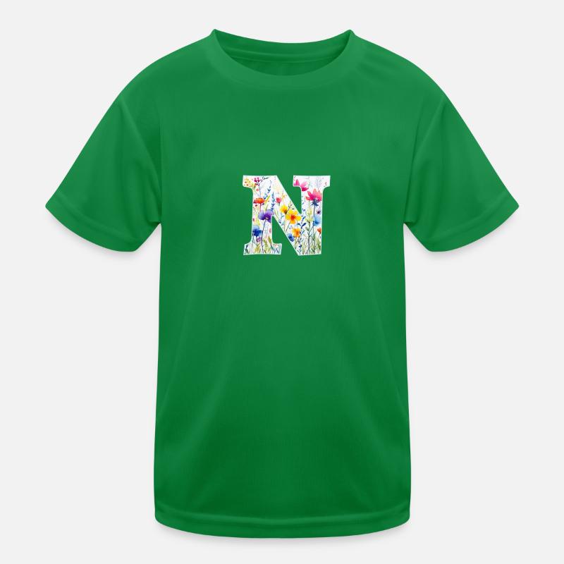 Letter N, Monogram, Floral Pattern Kids Functional T-Shirt