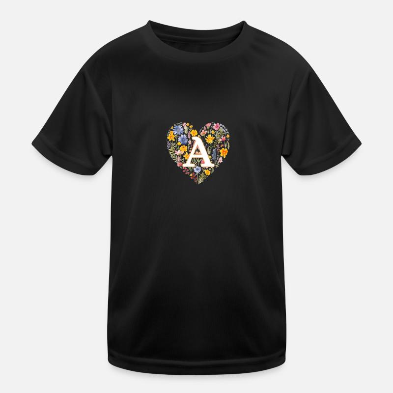 Letter A, Monogram, Heart Flowers Kids Functional T-Shirt
