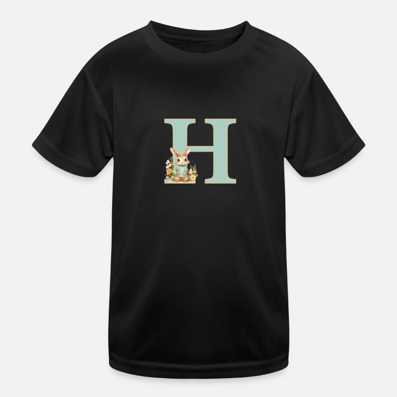 Letter H, Monogram, Flowers, Bunny - Kids Functional T-Shirt - black