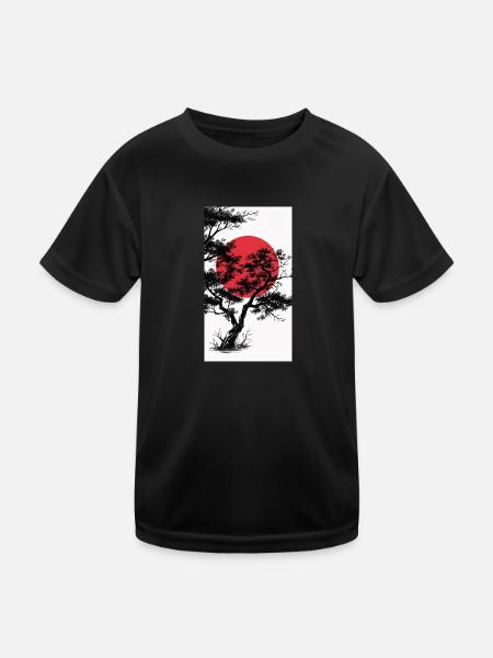 Manga-Style Dark Tree with Red Sun - Kids Functional T-Shirt - black - Front