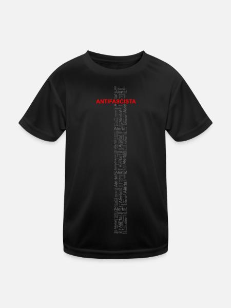 Alert! Antifascista! - Wortkunst rot/grau - Kinder Funktions-T-Shirt - Schwarz - Vorne