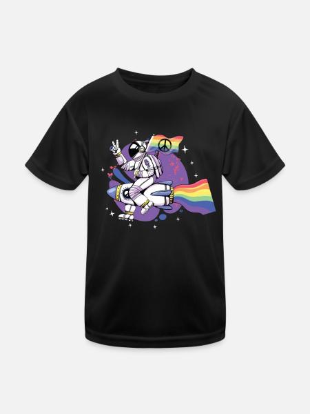 LGBT, Regenbogen, Friedensflagge, Astronaut. - Kinder Funktions-T-Shirt - Schwarz - Vorne