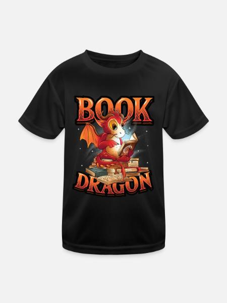 Bookworm, reading book, dragon. - Kids Functional T-Shirt - black - Front